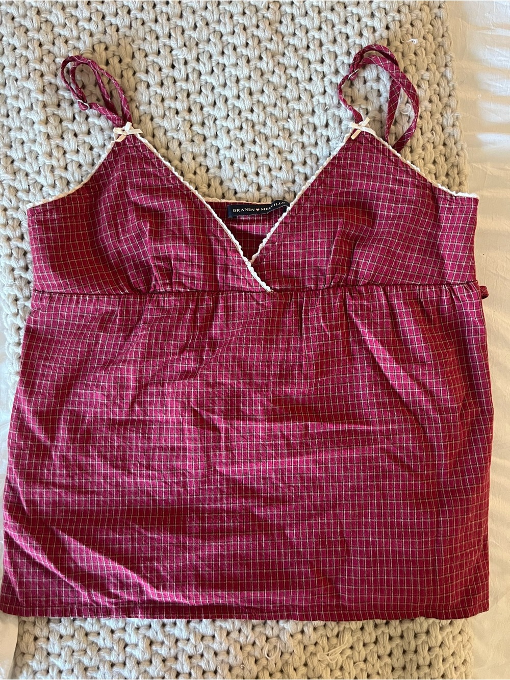 Brandy Melville Burgundy Plaid Lace-Trim Tank